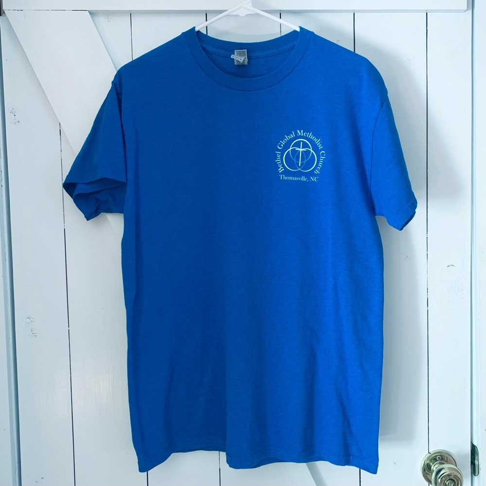 Medium T-Shirt Blue Green Teal Gildan Cotton Poly Blend Bethel Global Methodist